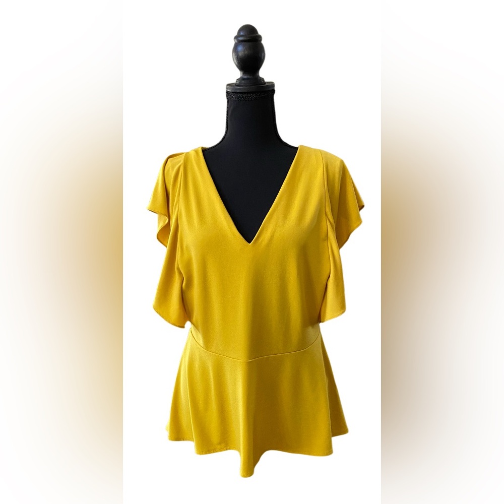 New York & Company: Yellow V-Neck Women's Top with Ruffled Butterfly Sleeves
